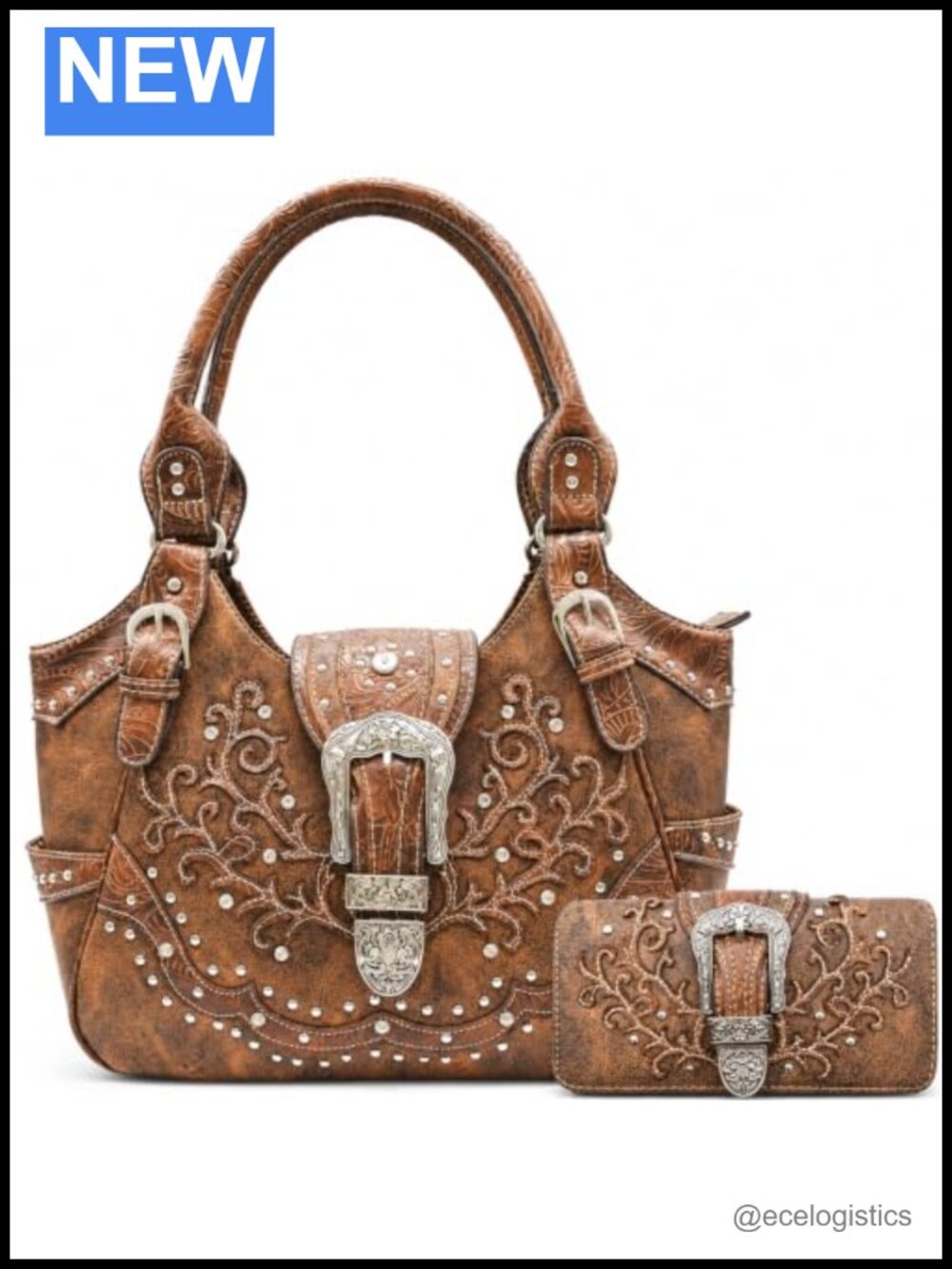 Western Cowgirl Handbag & Wallet Set with Faux Leather, Rhinestones